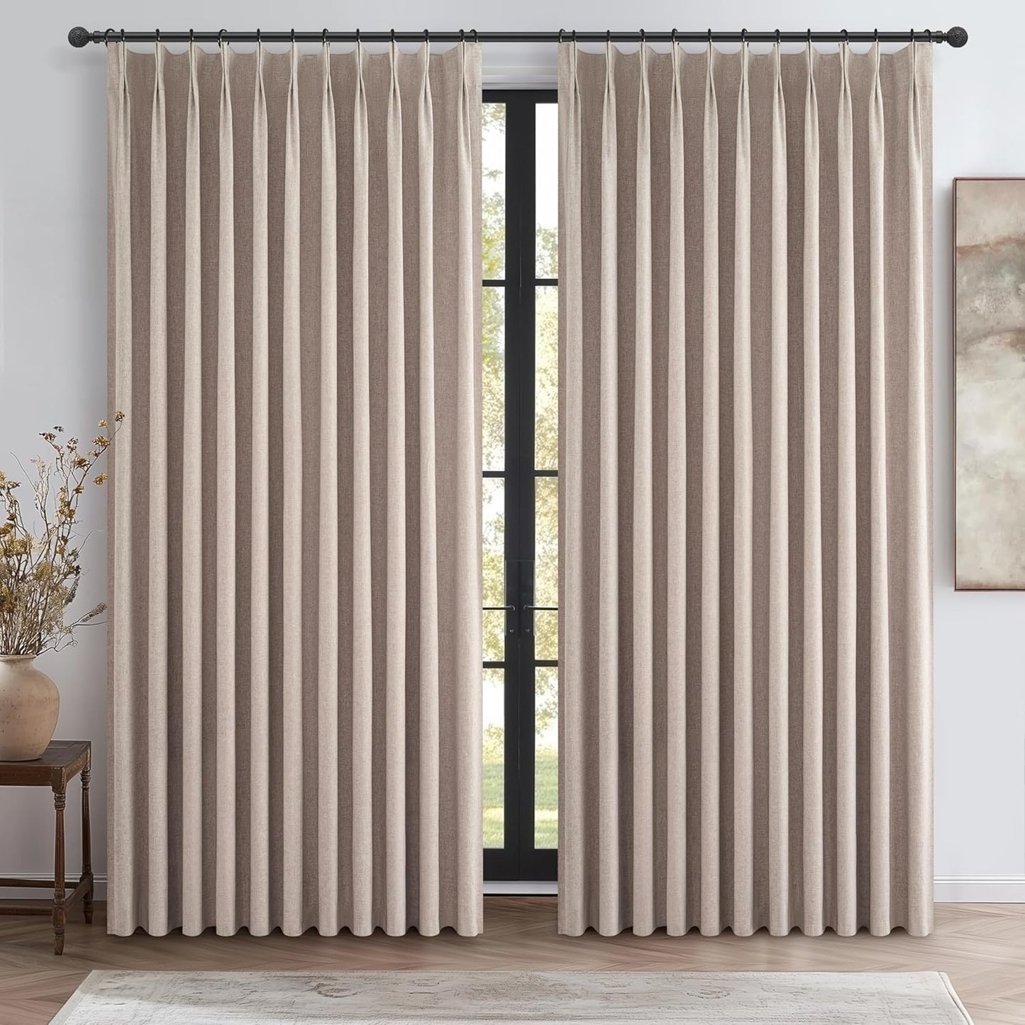 Extra Wide Curtains for Living Room, Blackout Linen Blend Drapes for Sliding Glass Doors Luxury Pinch Pleated Darkening Boho Curtains with Back Tab Ceiling Track for Large Window (70"Wx108"Lx2 Panels)