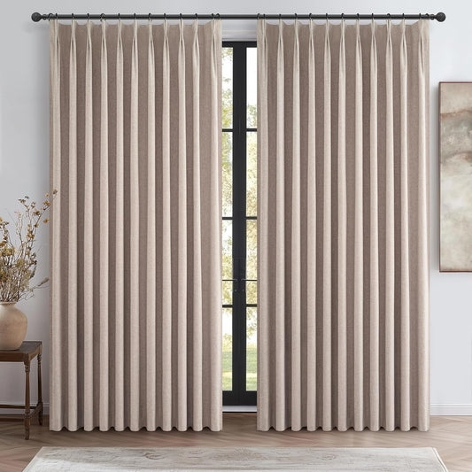 Pinch Pleated Flax Linen Blackout Extra Wide Curtain Panels for Living Room/Sliding Glass Door, Thick Burlap Memory Trained Window Drapes Insulated with Back Tab Dining Room (70"Wx102"Lx2 Panels)