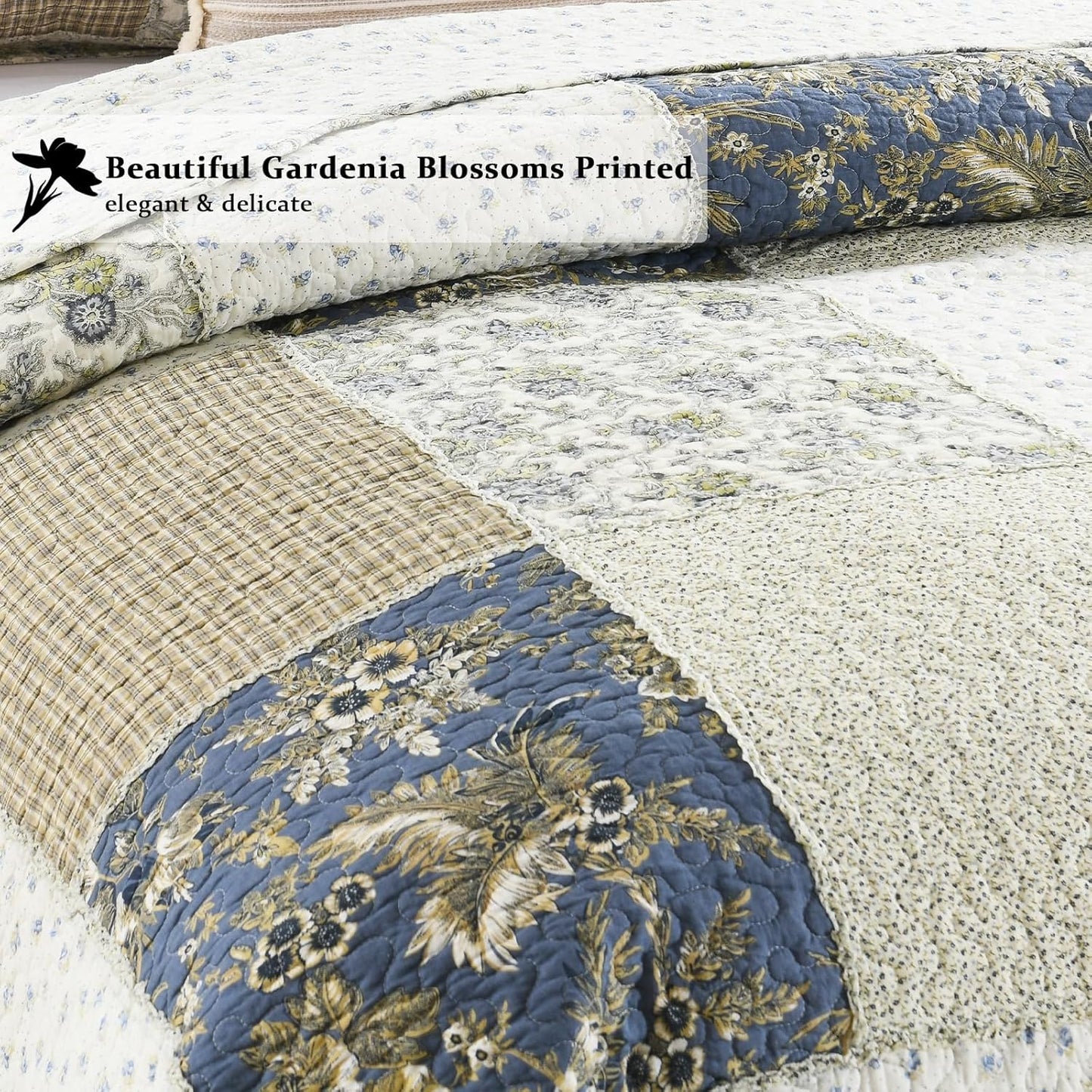 Yvooxny Quilt Set King Size Reversible Country Farmhouse Floral Real Patchwork Quilted Bedspread 3-Piece Quilt Set with Pillowcases with Ruffles for All Seasons, 96 x 108 Inches