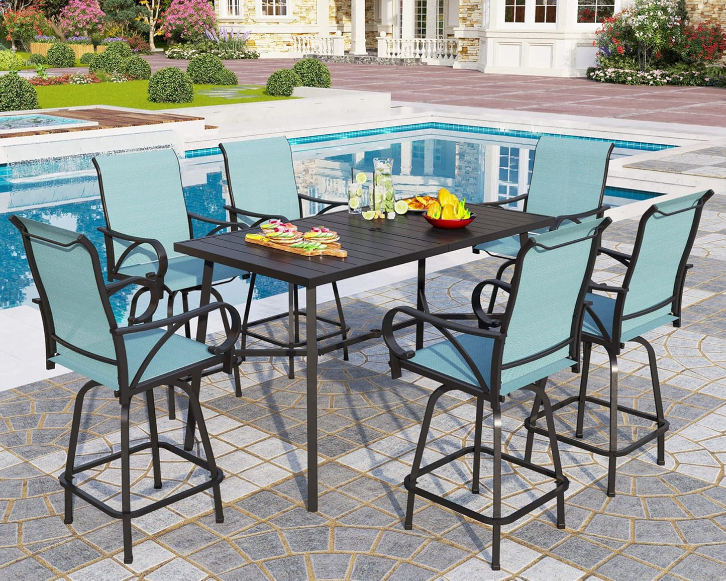 PHI VILLA 7 Piece Outdoor Bar Dining Set, High Top Patio Table and Chairs with 6 Swivel Teal Bar Stools & 40" Rectangle Metal Bar Table for Garden, Yard and Deck