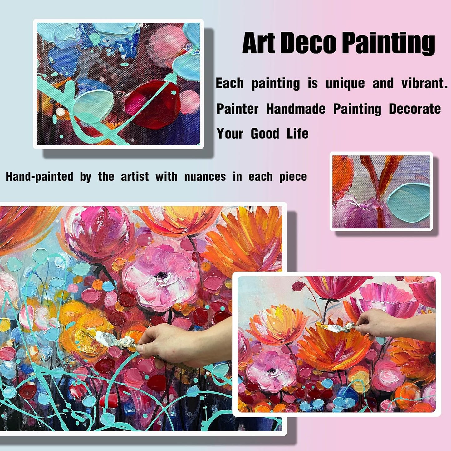 ENTANUB Flower Wall Art for Livng Room, Pink Floral Canvas Wall Decor for Bedroom, Hand Painted Artwork, Large Size 29x59 Inches