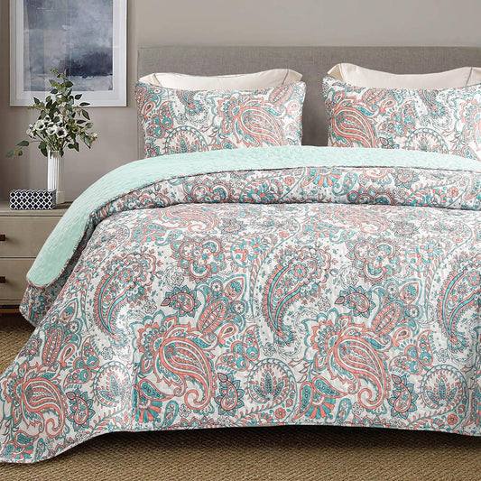 Exclusivo Mezcla Reversible Boho Quilt Set King Size, 3 Pieces Paisley Aqua All Season Bedspreads, Ultra Soft Floral Coverlet Bedding Set with Printed Pattern (1 Quilt, 2 Pillow Shams)