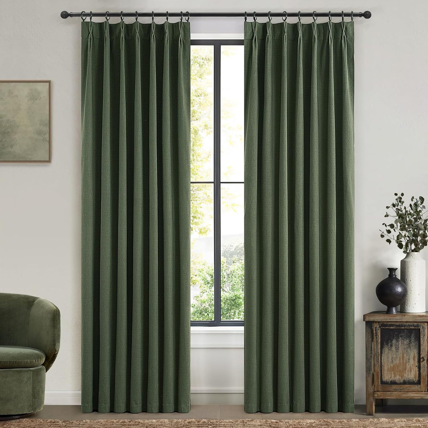 Olive Green Linen Curtains for Living Room, 86 inch Pinch Pleated Drapes with Hooks Back Tab Blackout Privacy Boho Home Decor, Forest/Hunter Green Window Curtains 86 inches Long for Bedroom 2 Panels