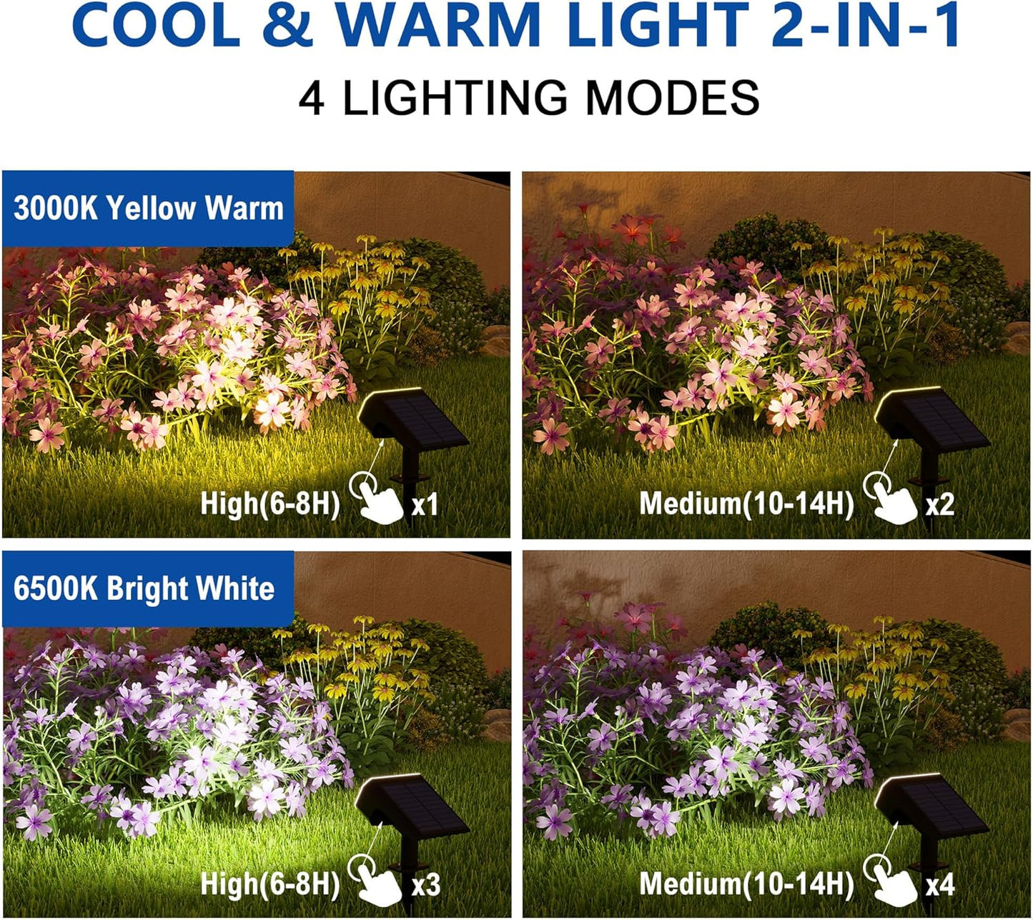 Solar Spot Lights Outdoor Waterproof IP65,4 Pack,2CCT(3000K/6500K),4 Lighting Modes Selectable, Solar Powered Yard Garden Solar Spot Lights for Outside Landscape Auto On/Off