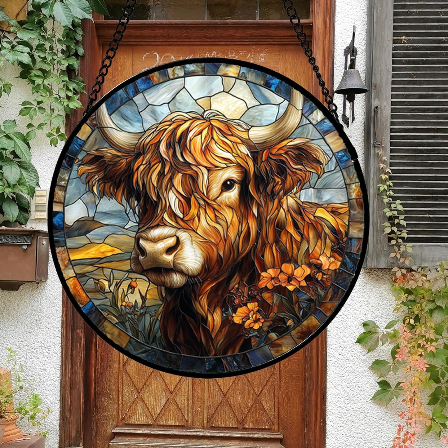 Stained Glass Window Hanging - Funny Cow Flower Suncatcher Ready to Hang Window Doors Home Decoration and Christmas, Mother's Day Birthday Gifts for Women, Men, and Mom 14.9x14.9 in
