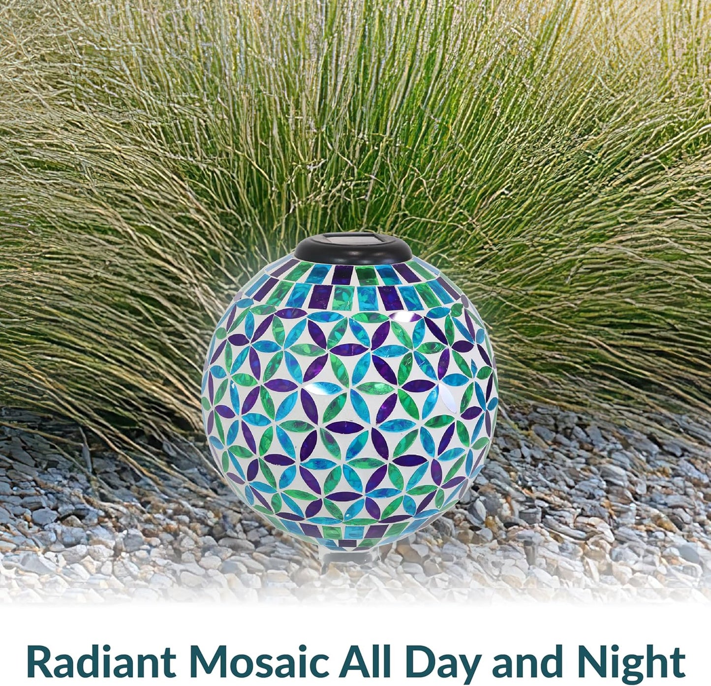 Sunnydaze Cool Blooms 10" Mosaic Glass Garden Gazing Globe with LED Solar Light - Set of 2