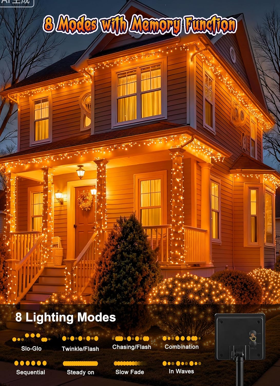 Brightown 2 Pack Halloween Solar String Lights Outdoor, Total 144Ft 400 LED Twinkle Fairy Lights Waterproof with 8 Modes Auto On/Off for Patio Tree Garden Party Home Decorations (Orange)