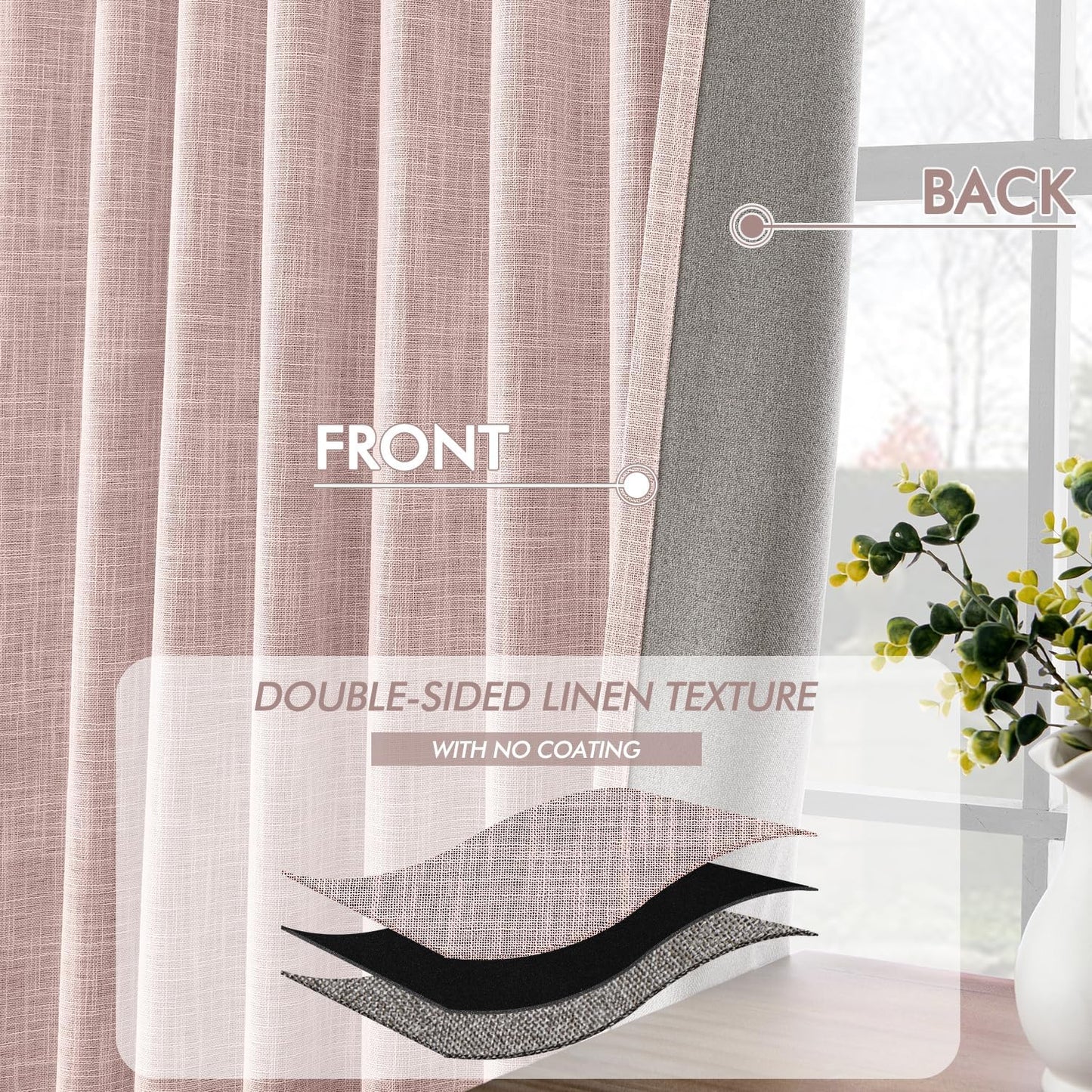 MIULEE Baby Pink 100% Blackout Linen Curtain 108 Inch 2 Panel Set Double Sided No Coating Pleated Back Tab Black outExtra Long Thermal Insulated Pinch Pleat Bedroom Living Room Darkening Window Drape
