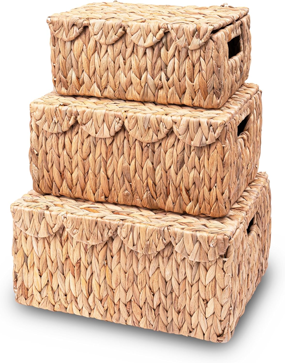 Set of 3 Scalloped Edge Wicker Basket with Lid, Rectangle Wicker Storage Basket with Built-in Handles, Multipurpose Organizer Rattan Display Boxes for Shelf, Nursery Room