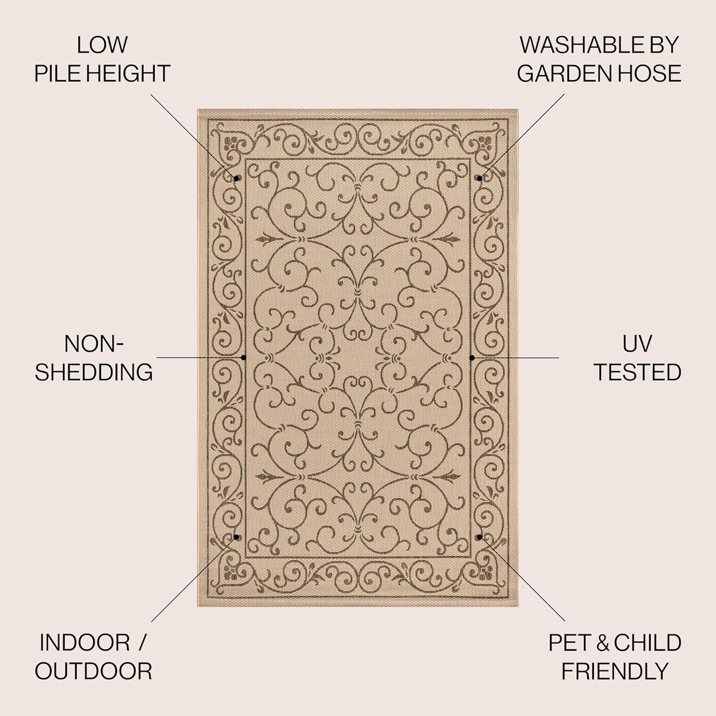 JONATHAN Y Vintage Filigree Indoor Outdoor Area Rug 4X6 Beige/Brown, Charleston Textured Weave for Backyard, Patio, Porch, Easy-Cleaning, High Traffic, Pet-Friendly, Non-Shedding (SMB106A-4)