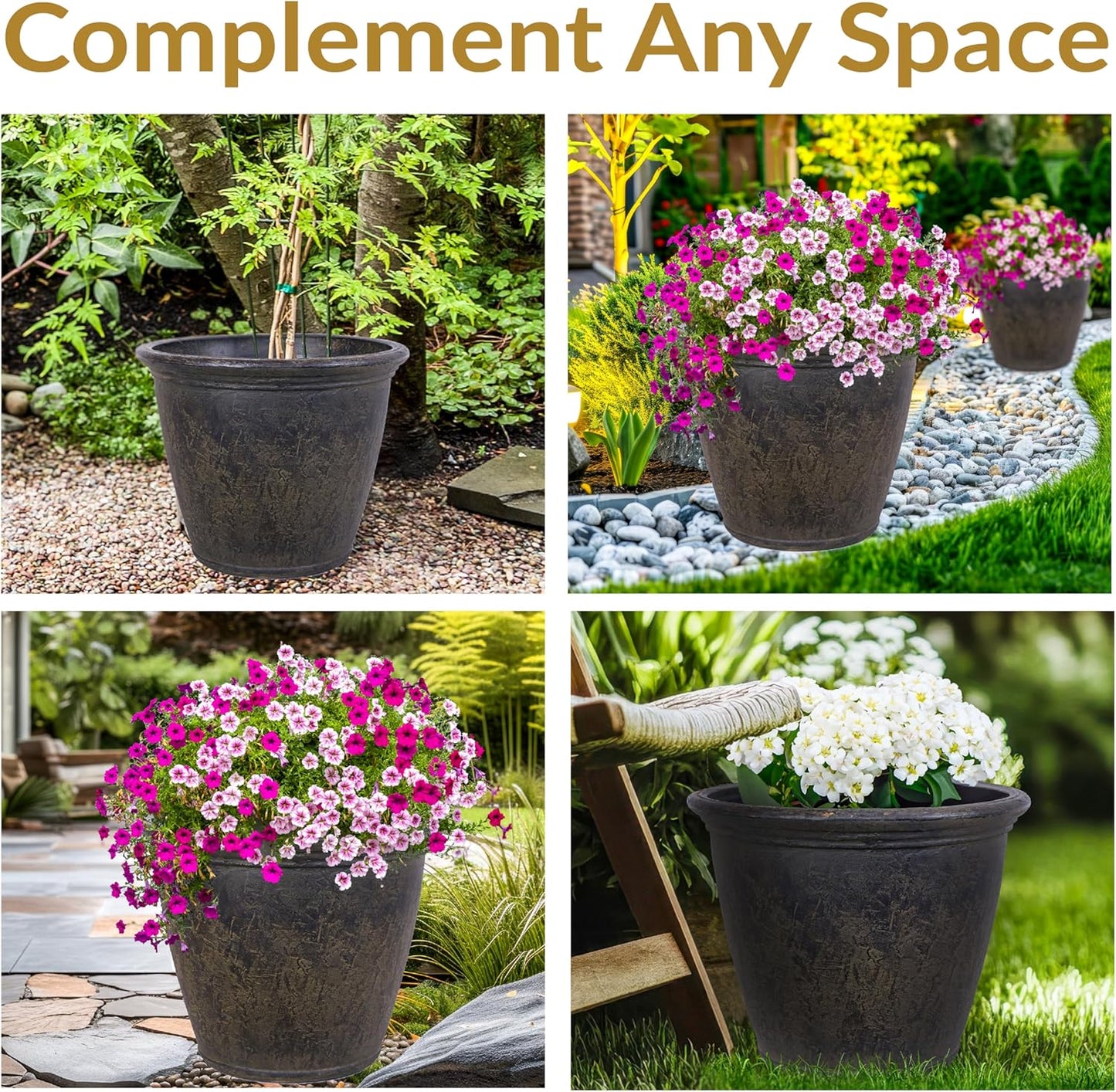 Sunnydaze 24-Inch Anjelica Large Plastic Pot for Plants - Outdoor Polyresin Round Planter with Drillable Drainage Holes - Sable