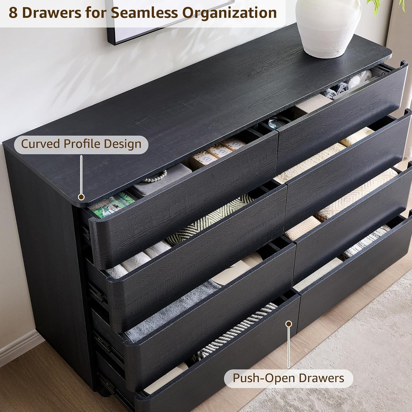 8 Drawer Dresser for Bedroom, 52 Inch Wide Modern Chest of Drawers, Push-to-Open Wood Storgae Organizer with Large Drawers for Bedroom, Living Room, Hallway, Black