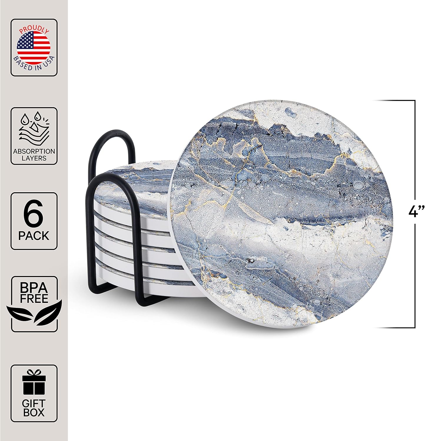 Emerson Essentials Coasters for Drinks Absorbent with Holder, Set of 6, Cork Bottom Ceramic Stone Marble Style for Wooden Coffee Bar Tables, Glass Tabletop Non Slip, Natural Stone