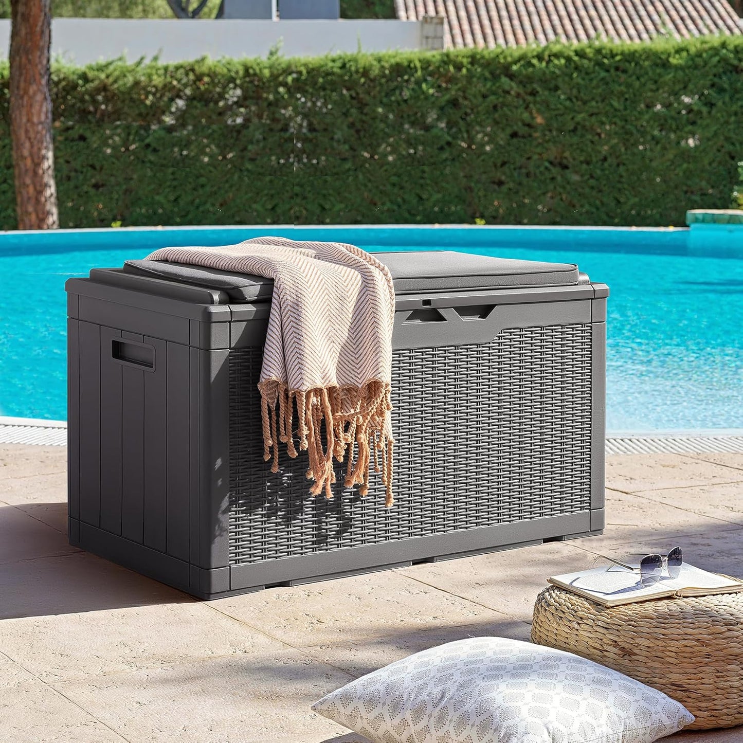 Flamaker Deck Box with Cushion 100 Gallon Waterproof Resin Storage Box with Air Rod Indoor Outdoor Lockable Storage Bench for Patio Furniture, Tools, Pool Accessories (Gray)