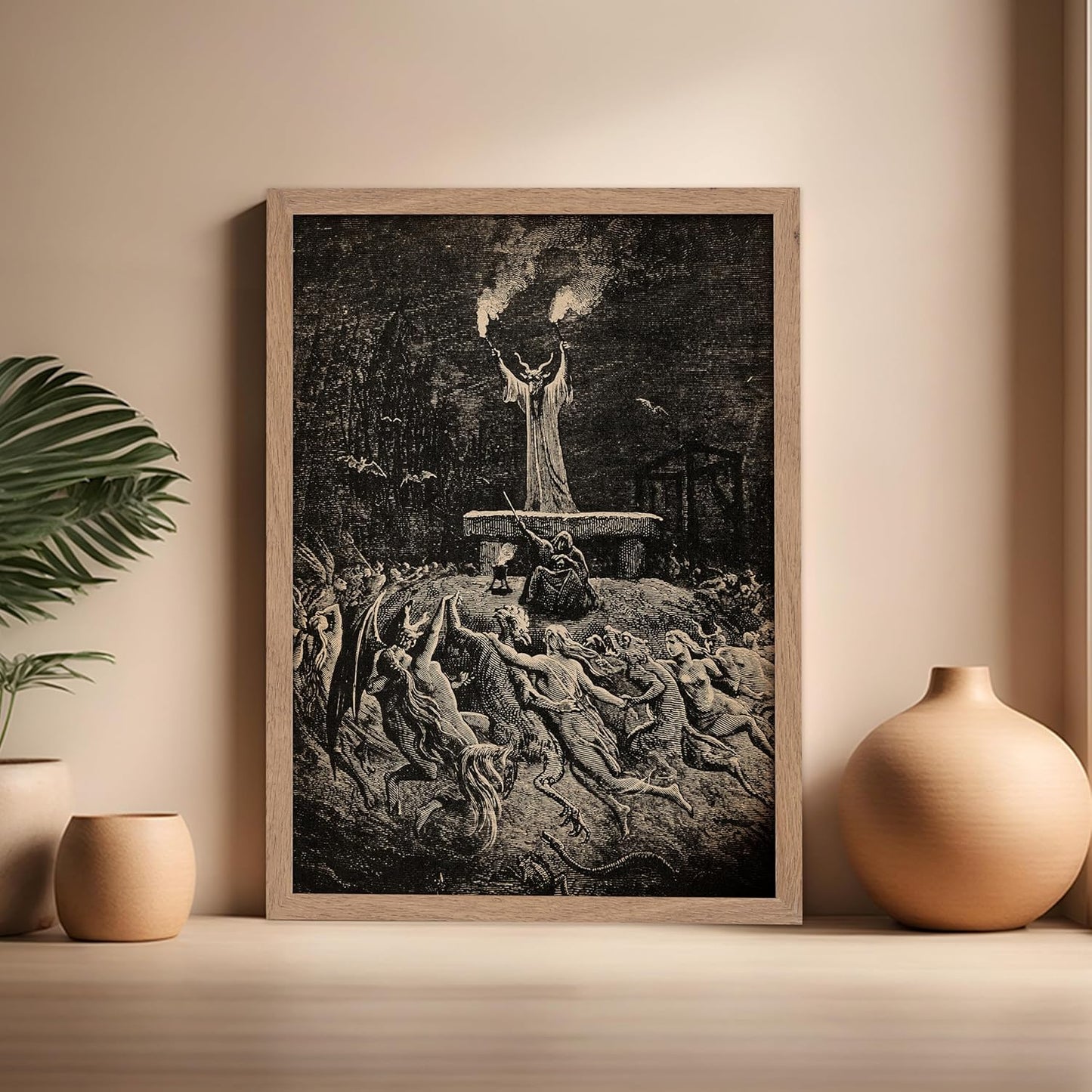 Poster Master Vintage Gustave Dore Poster - Retro Illustration Print - Gift for Gothic, Horror Fan - Dance of Sabbath, Witch, Magic, Spell - Wall Decor for Bedroom, Dorm, 16x20 Beige Framed