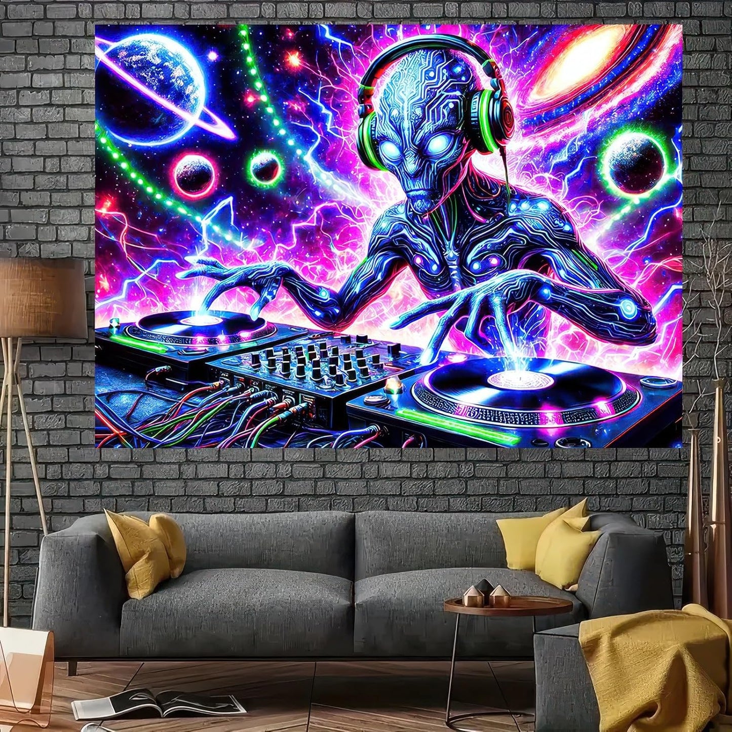 BlissYard Blacklight Cool Alien Tapestry UV Reactive Tapestry 78x59 Inch Black Light Galaxy Planet Tapestry Glowing Tapestry Large Neon Tapestry Wall Hanging for Home Living Room Bedroom Decor