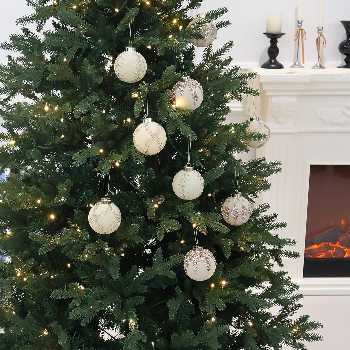 4inch Velvet Ornaments for Christmas Tree, 9PCS Glitter Flocked Christmas Ornaments Decorations Balls Set Decor Beige