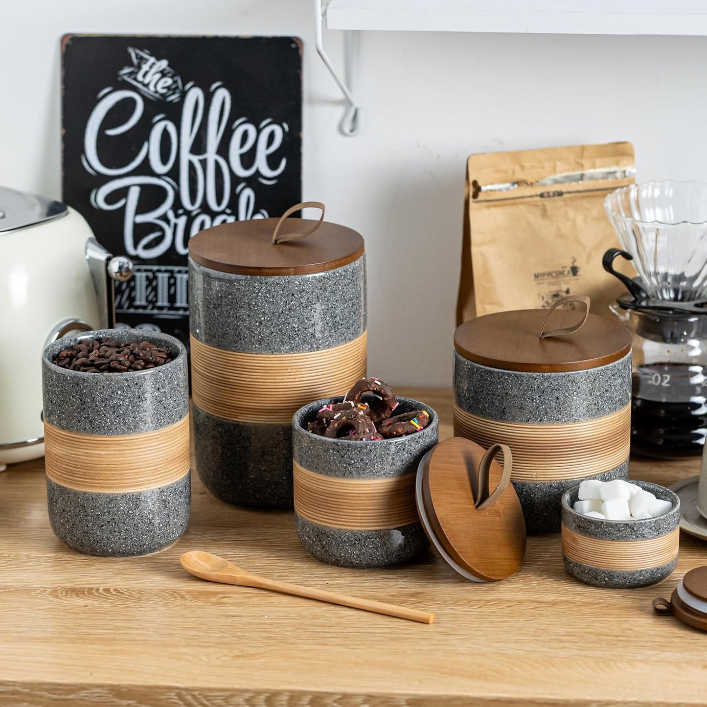 Large Storage Containers with Lids, Ceramic Coffee Container Kitchen Food Storage Cookie Jars with Airtight Lid for Spice Sugar Tea Bag, Stackable Decorative Jars for Counter, Grey & 61oz