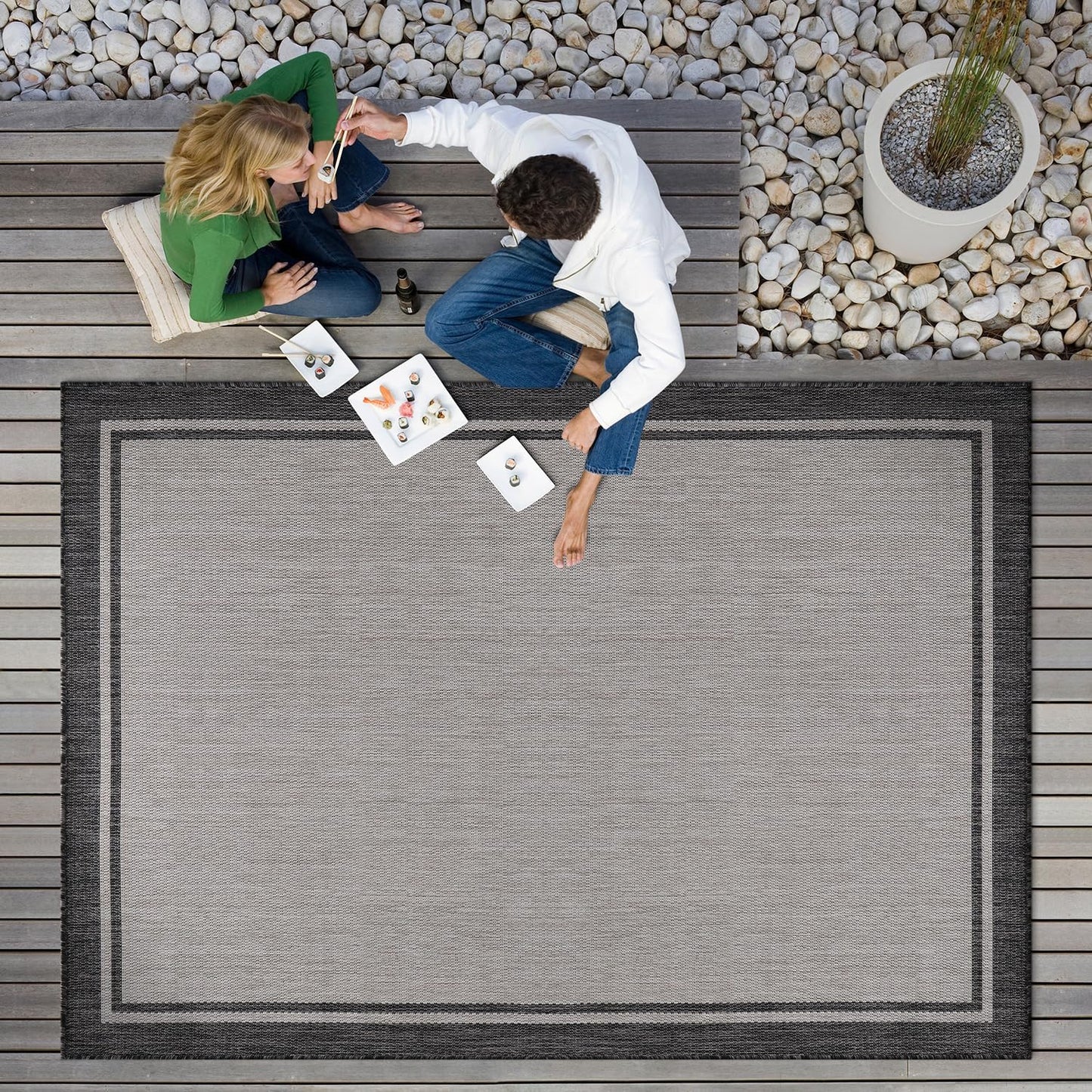 CAMILSON Indoor Outdoor Rug, 5x7 Bordered Gray Modern Area Rugs for Indoor and Outdoor Patios, Kitchen and Hallway Mats, Washable Porch Deck Outside Carpet (Bordered Grey, 5 x 7)