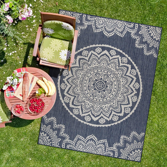 CAMILSON Outdoor Rug 10x14 Modern Area Rugs for Large Indoor and Outdoor Patios and Porches - Waterproof Washable Non-Shedding Easy-to-Clean Outside Carpet (10 x 14, Medallion - Blue/White)