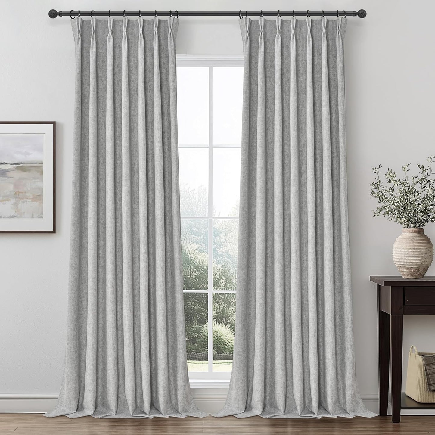 90 Inch Grey Blackout Curtains 2 Panels Set for Bedroom, Pinch Pleated Textured Linen Blend Soundproof Privacy Gray Window Drapes 90 Inches Long with Hooks Rings Back Tab for Boys Room Darkening Burg