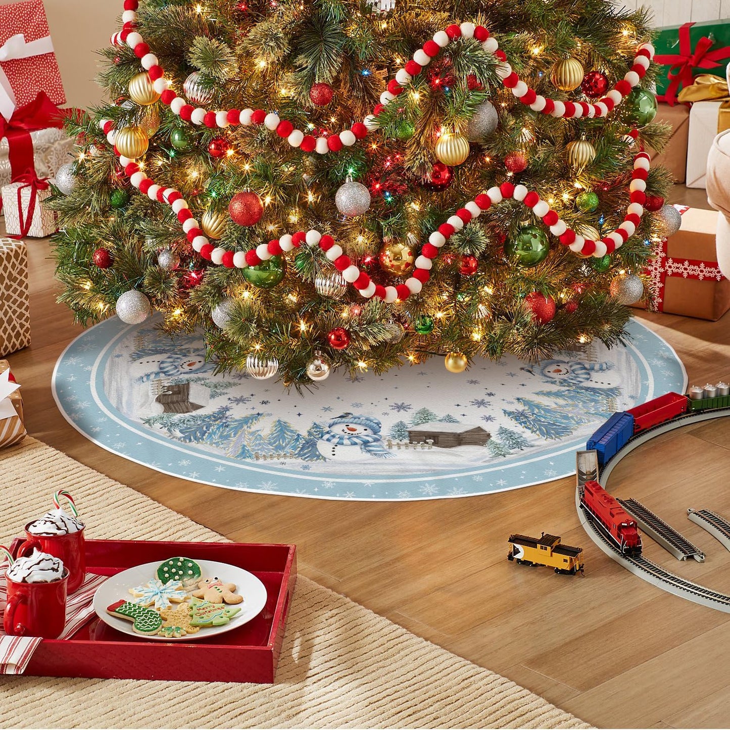 AVOIN colorlife Snowflake Snowman Cardinal Christmas Tree Skirt 36 Inch, Winter Holiday Tree Mat Decoration