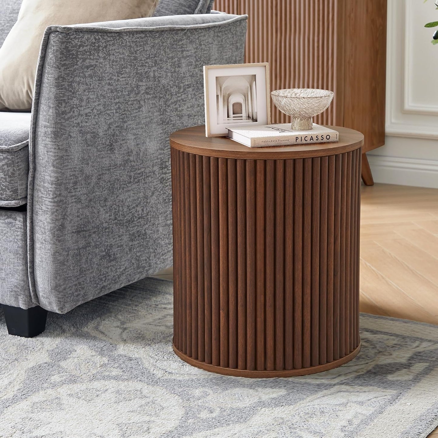 AVZEAR Fluted Round Side Table with Storage, Small Mid Century End Table Fluted Nightstands, Modern Circle Bedside Tables Wood Night Stand for Small Spaces, Living Room, Bedroom (Rustic Walnut)