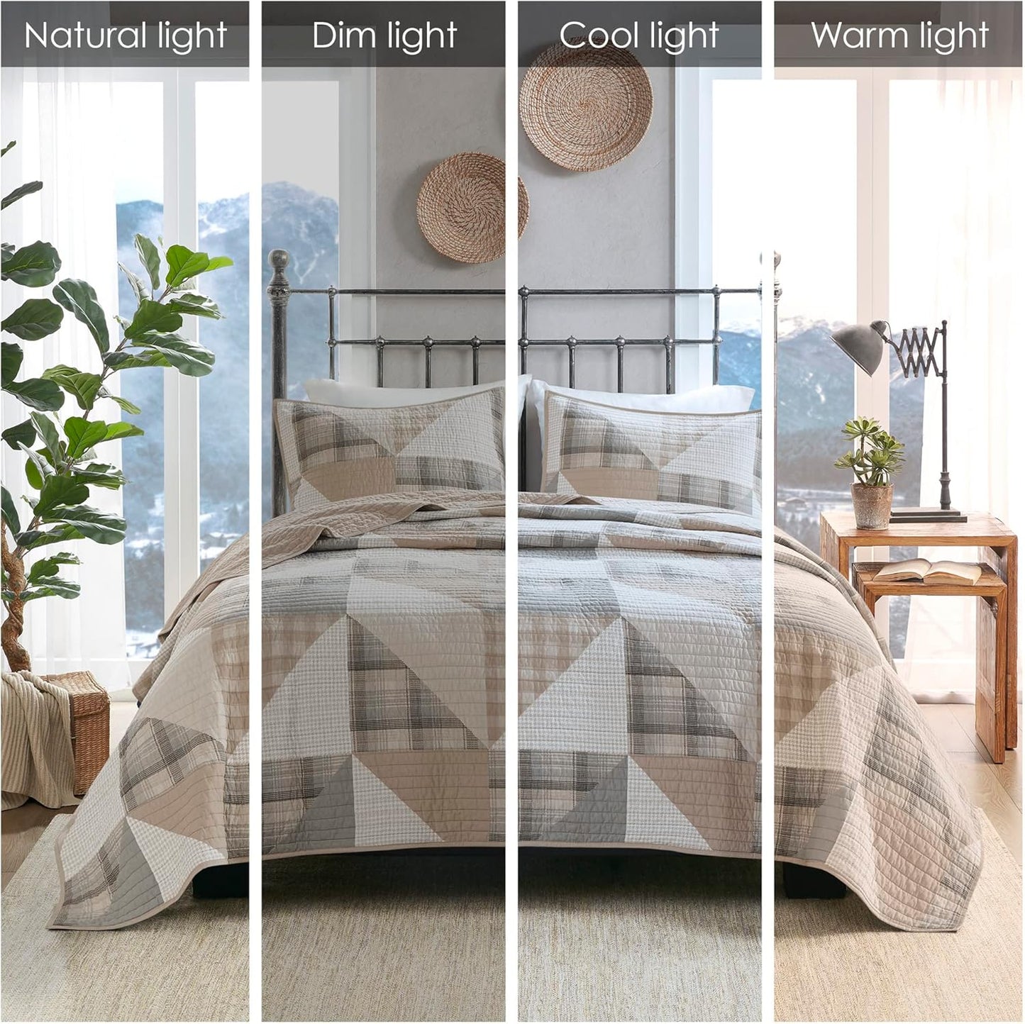 Woolrich Olsen Reversible Quilt Set - Cottage Styling Reversed to Solid Color, All Season Lightweight Coverlet, Cozy Bedding Layer, Matching Shams, Oversized Full/Queen, Geometric Plaid Tan 3 Piece