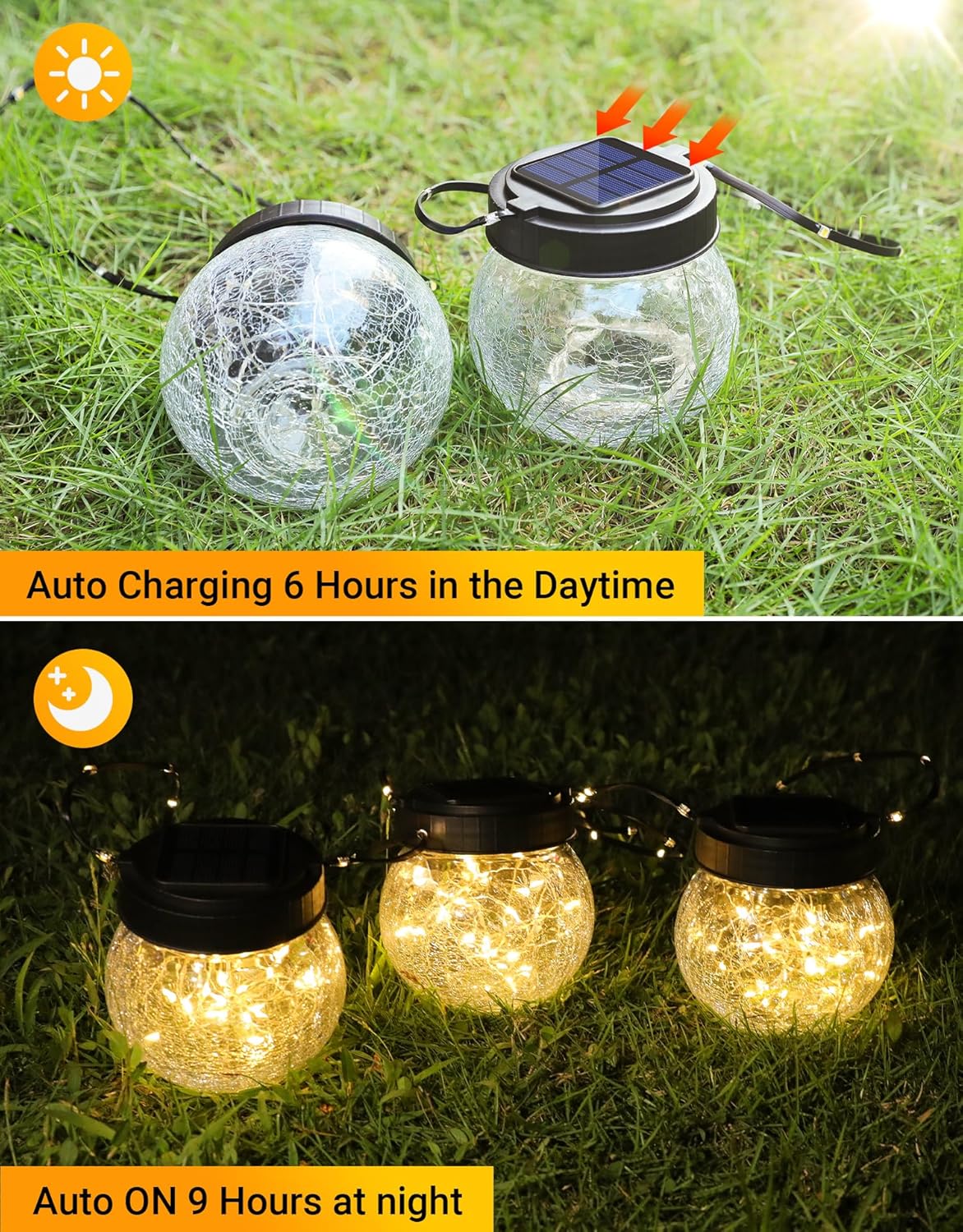 PARTPHONER Solar Lantern Solar Lights Outdoor Waterproof 2-Pack, Solar Powered Hanging Lights Cracked Glass Hanging Globes for Christmas Decoration, Shepherd Hook, Garden Tree Ornaments