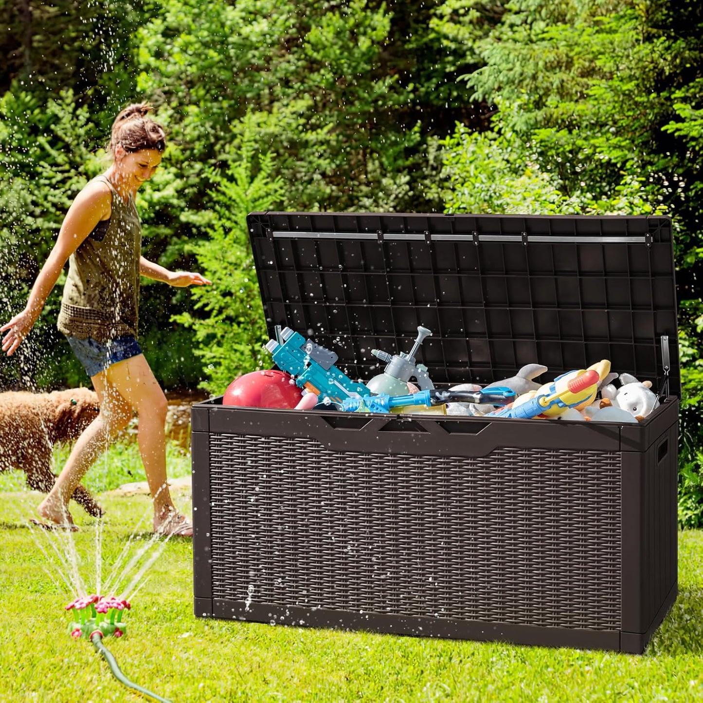 Greesum 100 Gallon Resin Deck Box Large Outdoor Storage with Cushions for Patio Furniture, Garden Tools, Pool Supplies, Weatherproof and UV Resistant, Lockable, Dark Brown