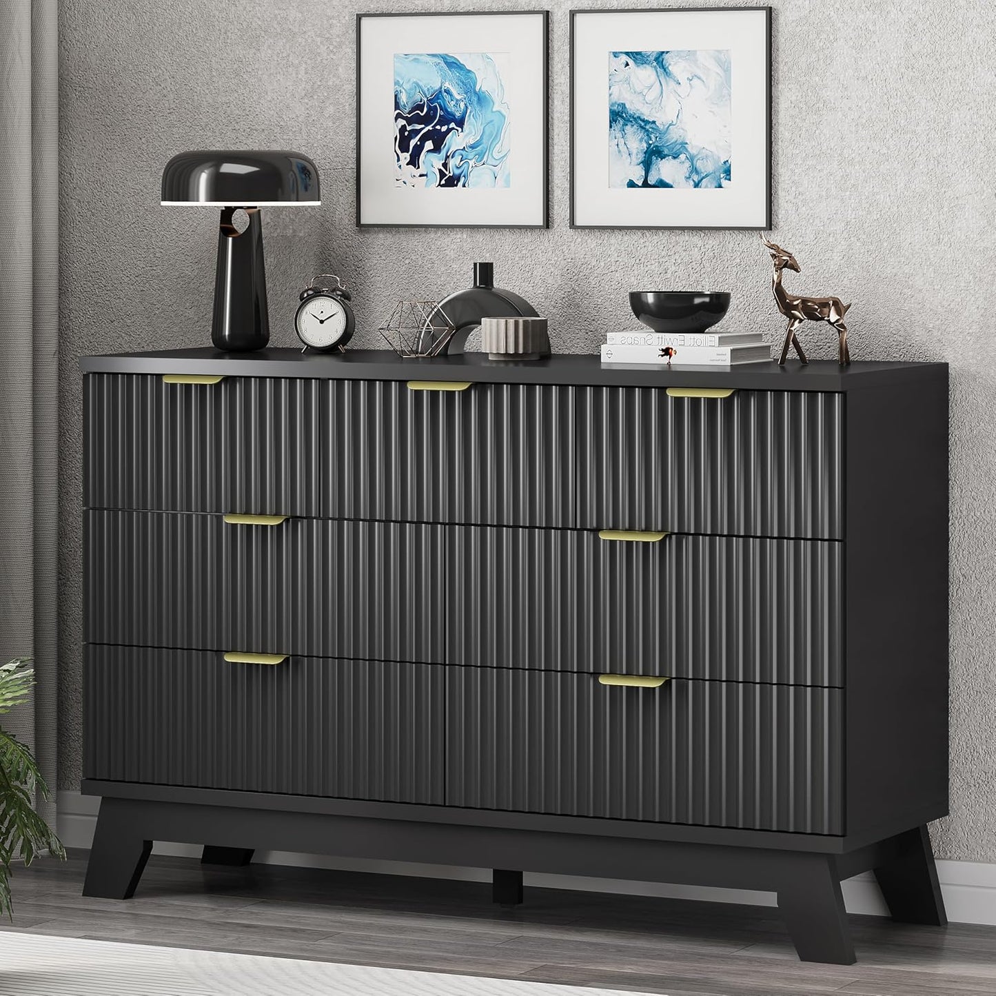 Fluted Dresser for Bedroom with 7 Drawers, 48" Wide Chest of Drawers with Metal Handle, Modern Wood Dresser TV Stand, Wooden Closet Clothes Storage Organizer for Living Room, Hallway, Black