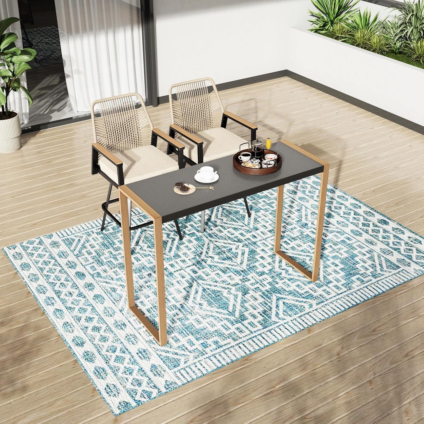 PHI VILLA Outdoor Bar Table for 2-4 Person - 55" W x 40" H Bar Height Patio Bistro Table with Stone Texture Top & Adjustable Non-Scratch Feet for Garden, Backyard, Poolside, Balcony, Patio Dining