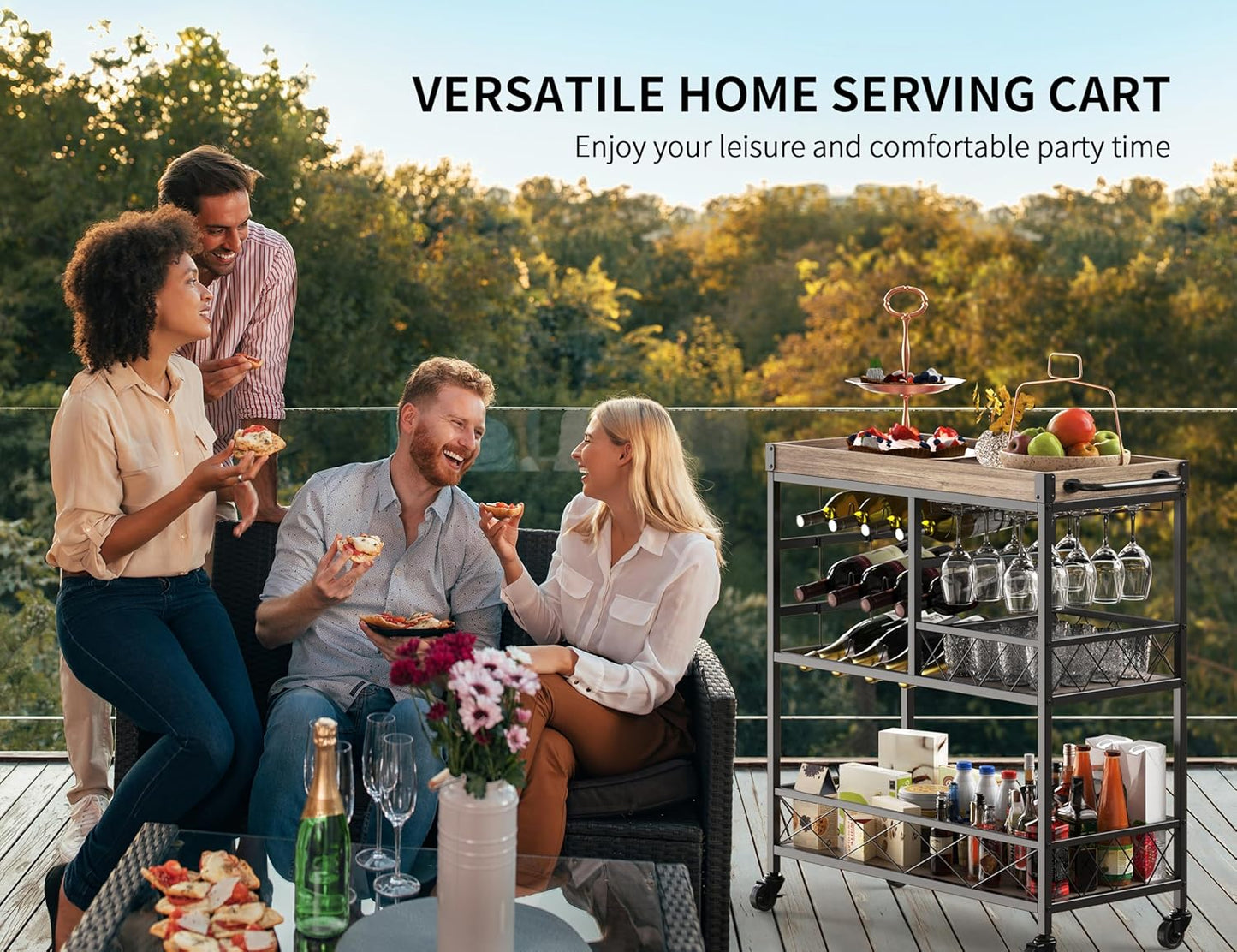 Gizoon Rolling Bar Cart, a Versatile Beverage Cart with a Removable Tray, 12-Bottle Wine Rack, and Glass Holder, The Bar Cart is Perfect for Kitchen, Dining Room, or Outdoor Use (Gray)