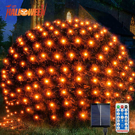 WBao Solar Halloween Lights Outdoor, 200LED 8.4ft x 5.2ft Halloween Net Lights with Remote, 8 Modes, Timer, IP65 Waterproof & Dark Green Wire for Lawn, Bushes, Trees Outdoor Decorations, Orange
