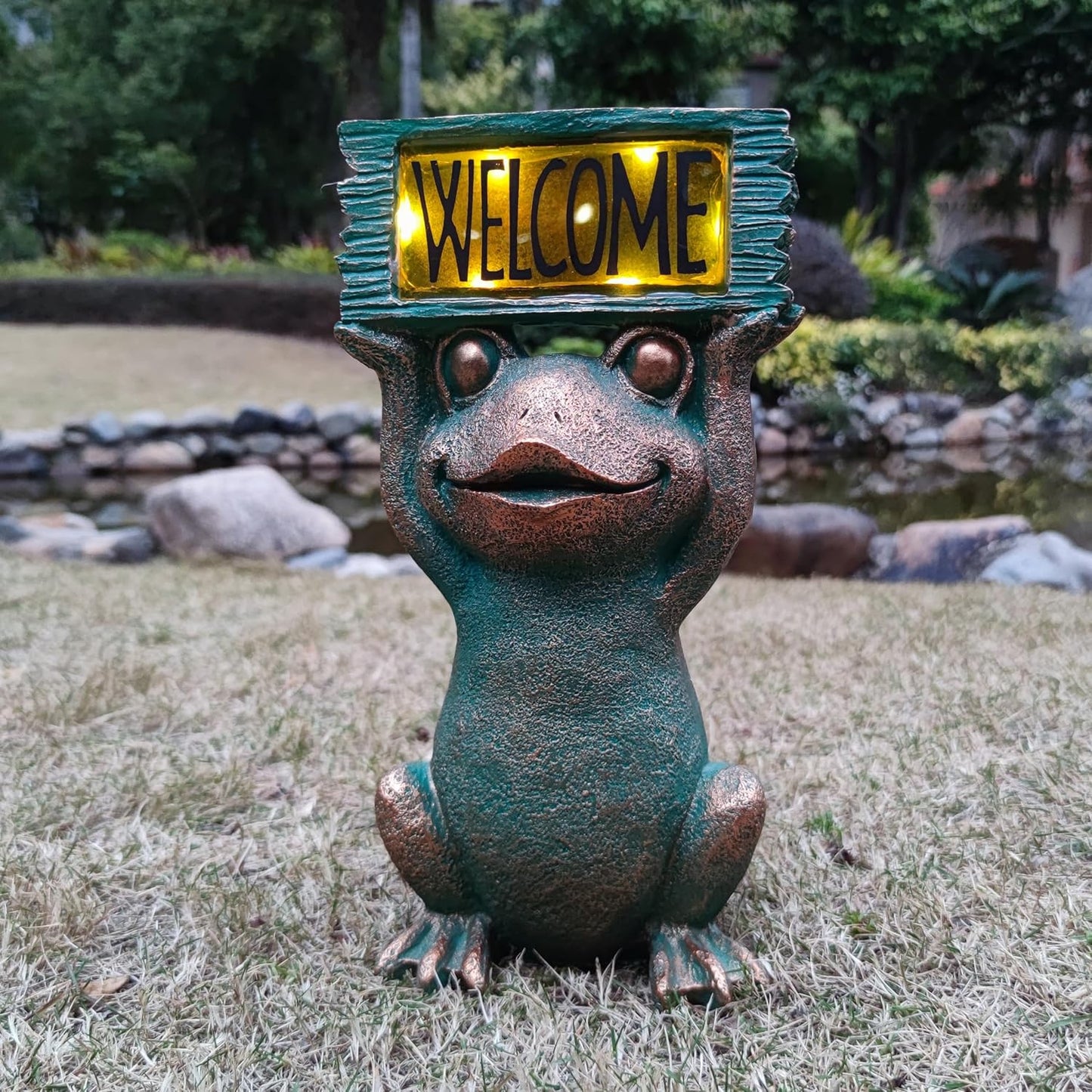 Frog Solar Welcome Garden Statues Outdoor Décor- Frog Figurines Solar LED Light Lawn Ornaments - Yard Decorations for Patio, Balcony, Backyard -Unique House Warming Gifts for Mom