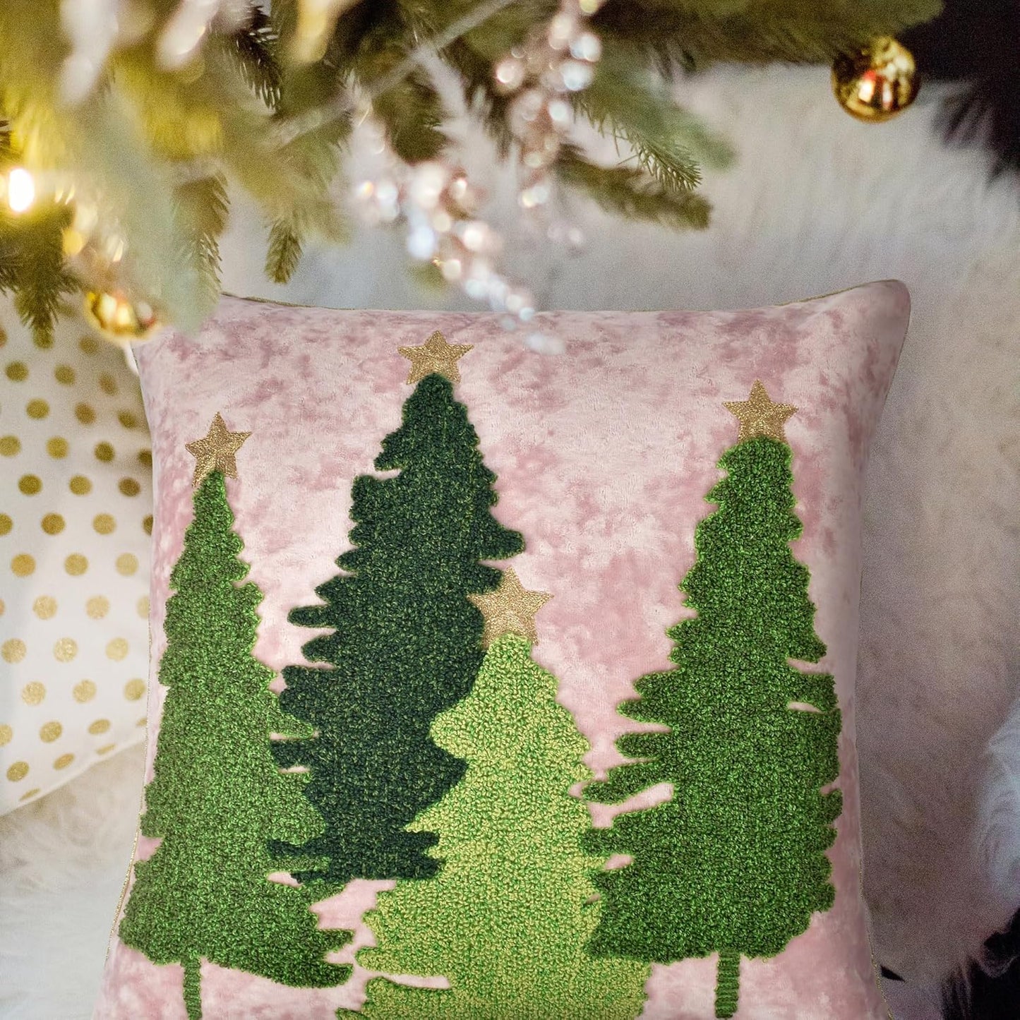 Christmas Tree Pillow Covers 18x18, Embroidered Throw Pillow Covers for Holiday Decorations, Pink Blush Green Velvet Cushion for Home Couch