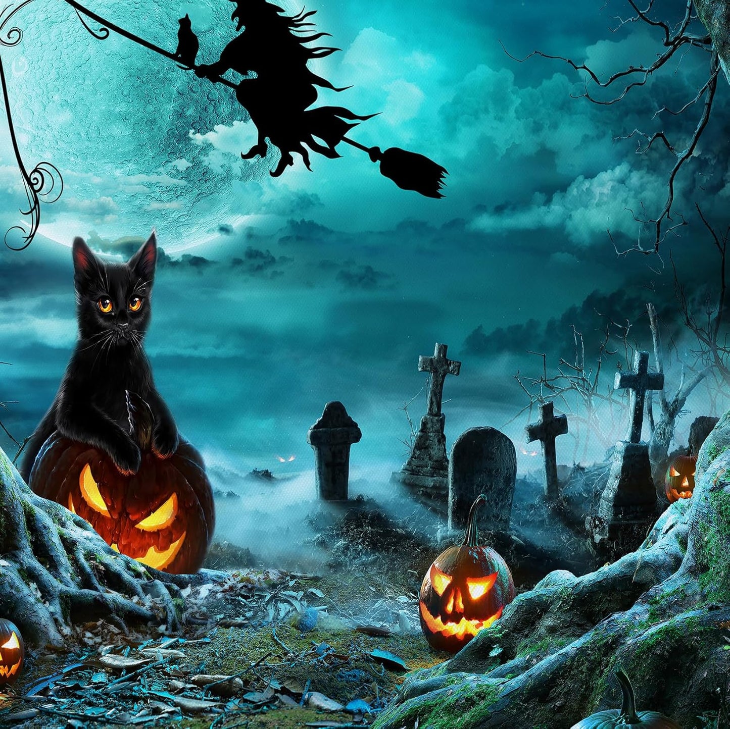 LB Teal Halloween Witch Tapestry Horror Black Cat Dead Tree in Graveyard Full Moon Night Tapestry Wall Art Spooky Pumpkin Wall Decor for Bedroom Living Room Dorm Holiday Party Decor 60x40 Inch