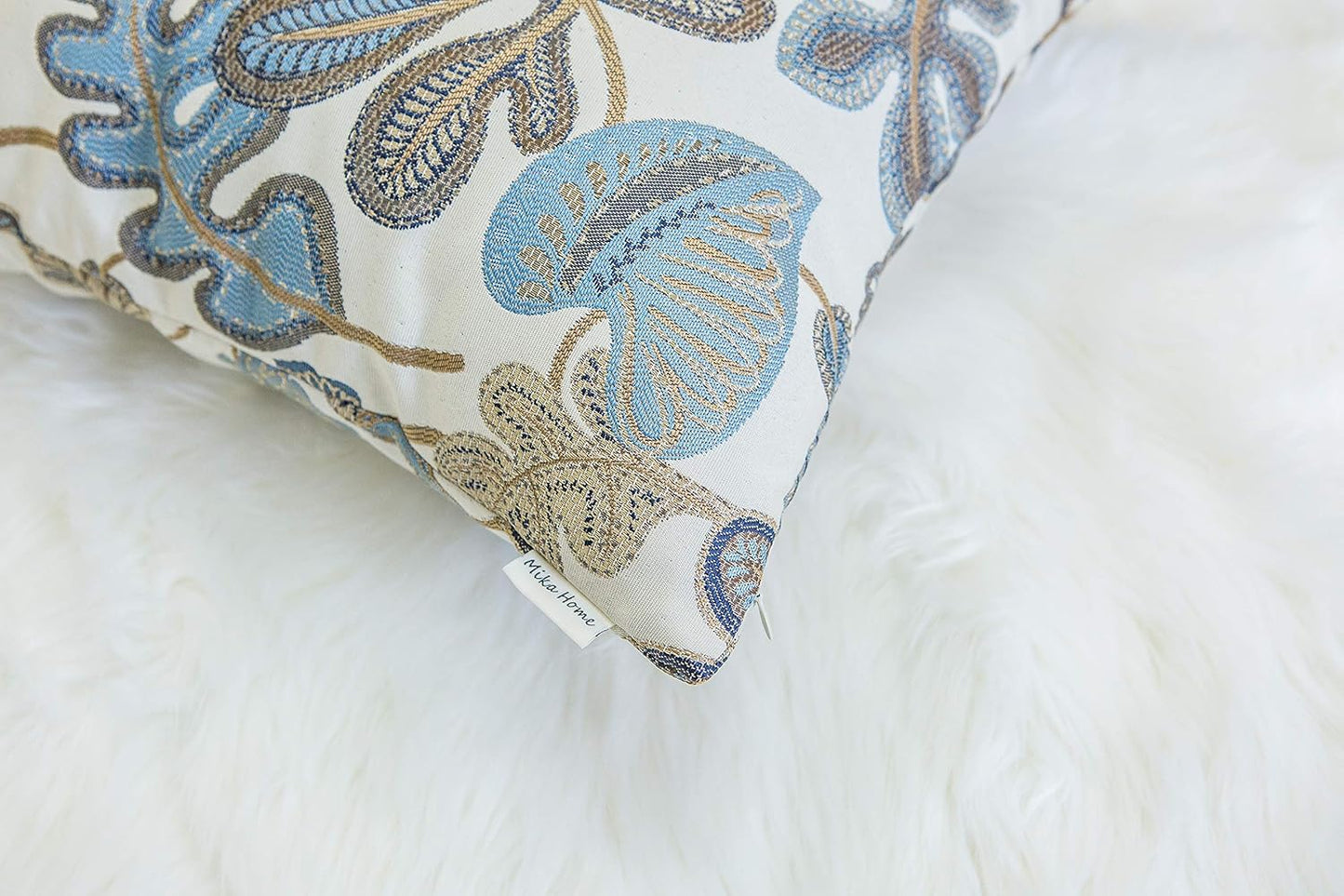 Set of 2 Jacquard Tropical Leaf Pattern Oblong Throw Pillow Covers Accent Pillowcase 12X20 Inches,Blue Cream