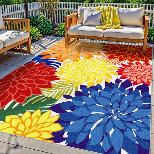 Indoor Outdoor Area Rug Washable Rugs Multicolored Patio Rug Tropical Botanical Modern Floral Indoor Outdoor Carpet Non-Slip for RV, Pool Deck, Backyard, Porch (9x12)