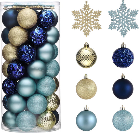 Valery Madelyn Christmas Tree Decorations Ornament Set for Fall Halloween, 50ct 2.36 Inches Blue and Gold Shatterproof Christmas Ball Ornaments Hanging Xmas Holiday Party Decor