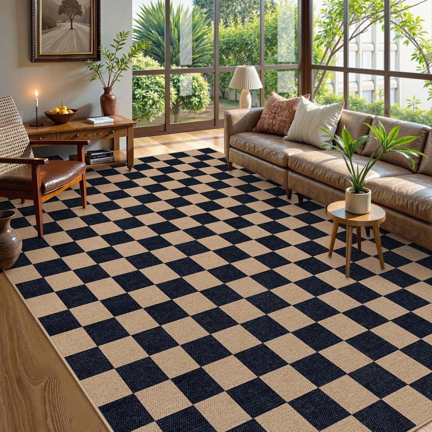 Lahome Checkered Easy Jute Rug, 9x12 Area Rug for Living Room Indoor Outdoor Carpet, Farmhouse Neutral Non Slip Non Shedding Stain Resistance Floor Carpet for Patio Dining Room Backyard