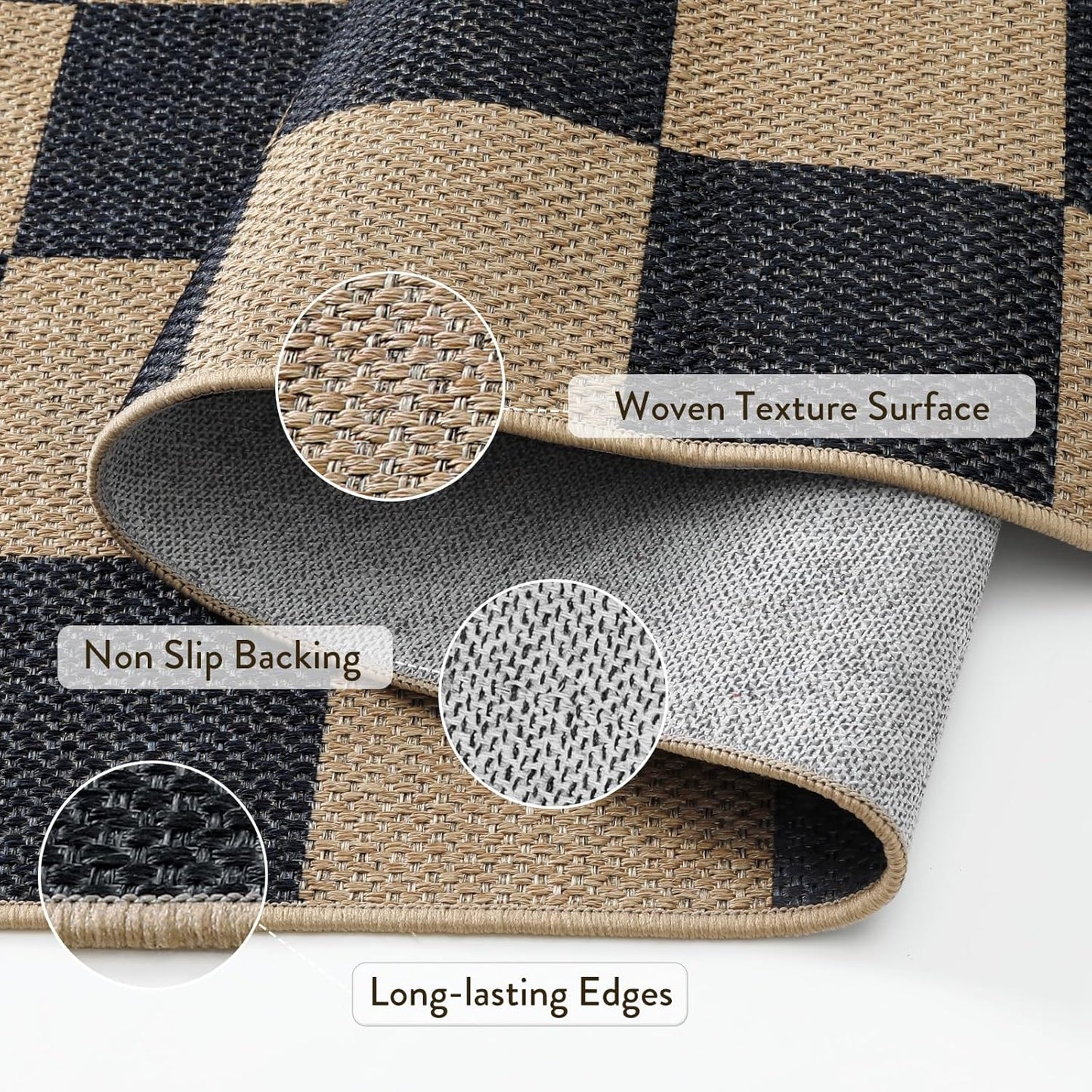 Lahome Checkered Easy Jute Rugs for Entryway, 3 ft Round Rug Small Indoor Outdoor Circle Carpet, Farmhouse Neutral Non Slip Non Shedding Black Carpet for Kitchen Front Porch Foyer