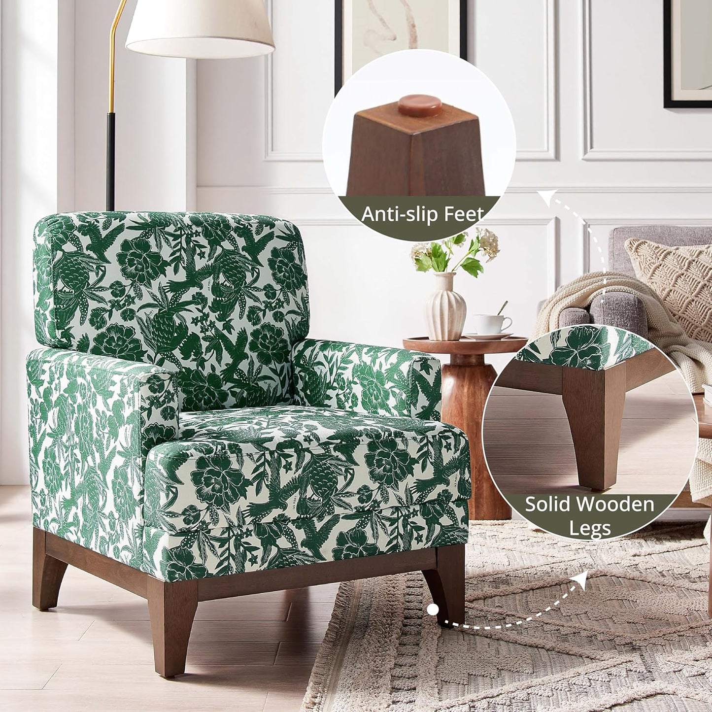 Floral Accent Armchair Set of 2, Retro Wingback Upholstered Armchair with Wide Dipped Back Design and Wooden Legs, High Back Armchair, Leisure Single Sofa Chair for Living Room, Bedroom, Green