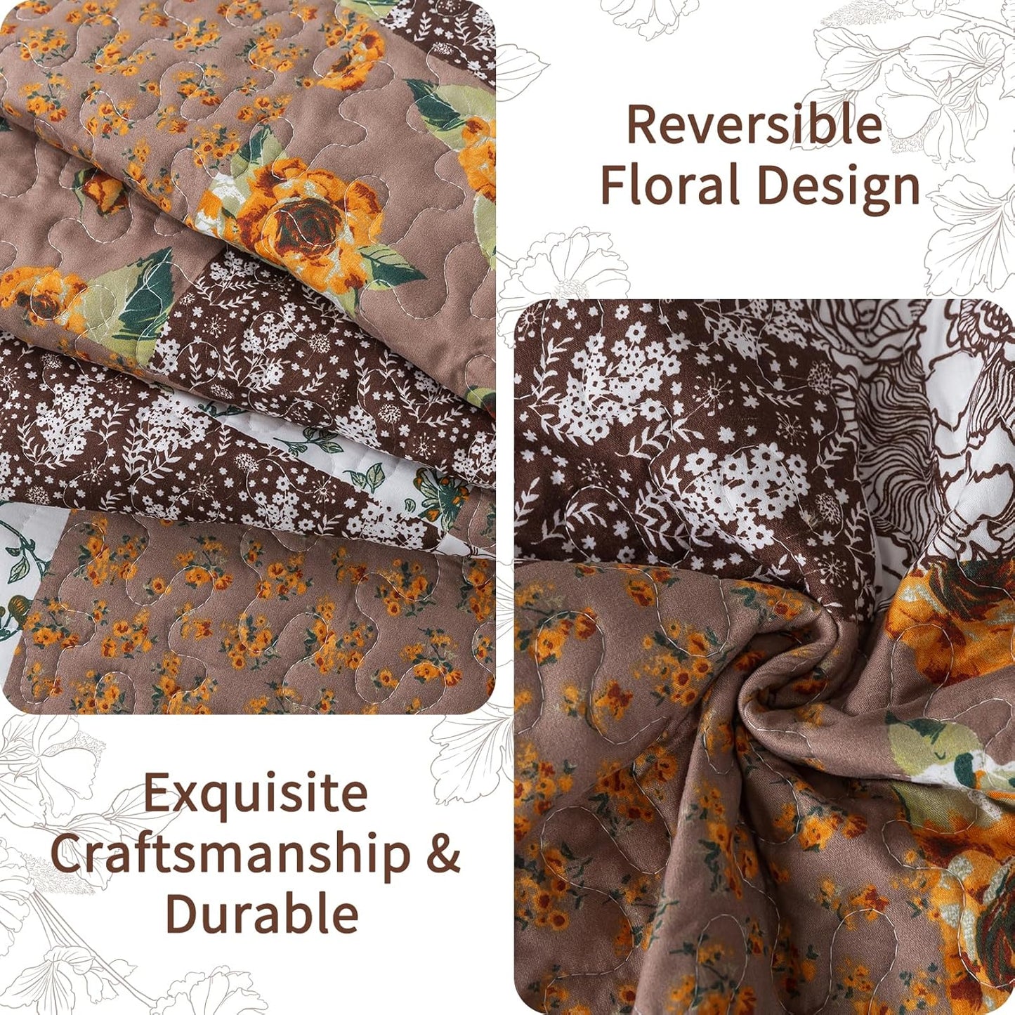 VAPUTAR Quilts Queen Size, Fall Patchwork Bedding Set with Floral Pattern, Soft and Breathable Coverlet Set, Lightweight Reversible Bedspread Suitable for All Season (90X98 inch, Brown)