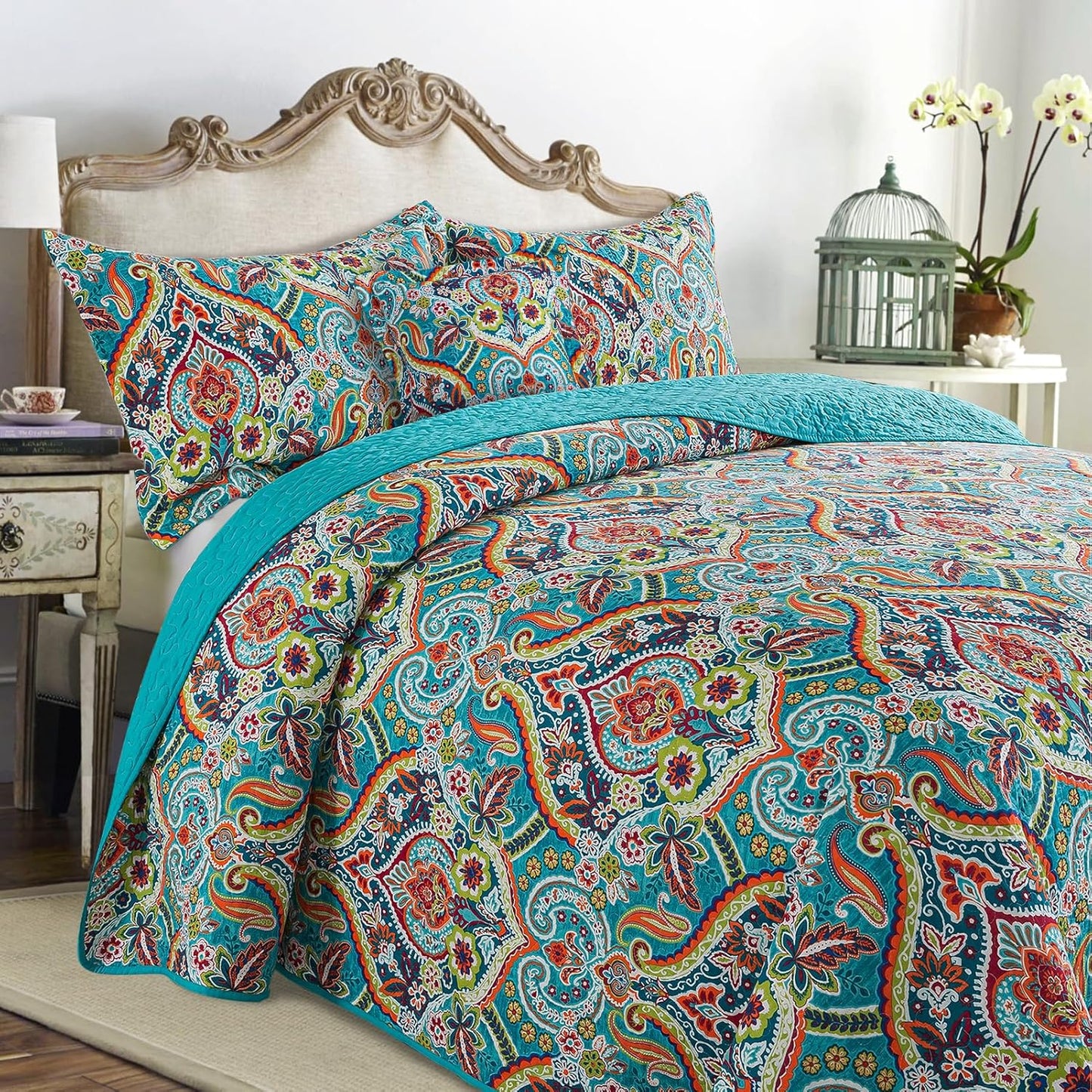 VAPUTAR Quilt California King Size Bedding Set - Cotton California King Quilt (108 * 118 Inch) - Boho Lightweight Reversible Oversized Bedspread for Farmhouse Bedroom (Teal), 3 Pieces