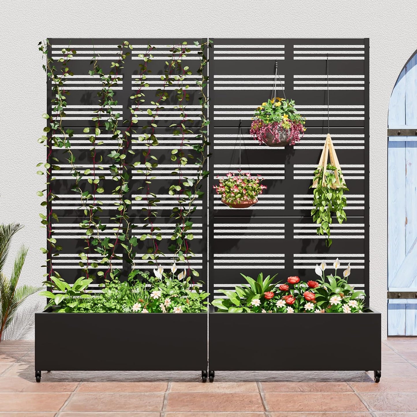 Casaphoria Metal Raised Garden Bed with Trellis and Wheels, 72"x35"x16" Planter Box for Climbing Plants, Vegetables & Vines, Features Drainage Holes and Privacy Screen (Black-Harold)