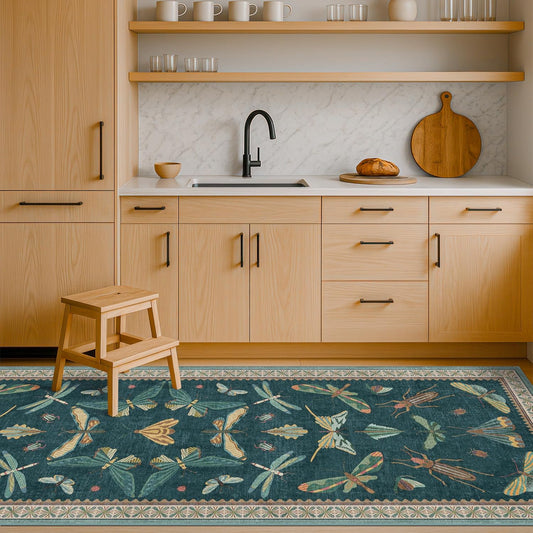 Brown and Green Kitchen Sink Runner Rug 2x6 - Teal Boho Bathroom Rugs for Entrance Indoor, Insect Print Floral Vintage, Washable Non Skid Stain Resistant