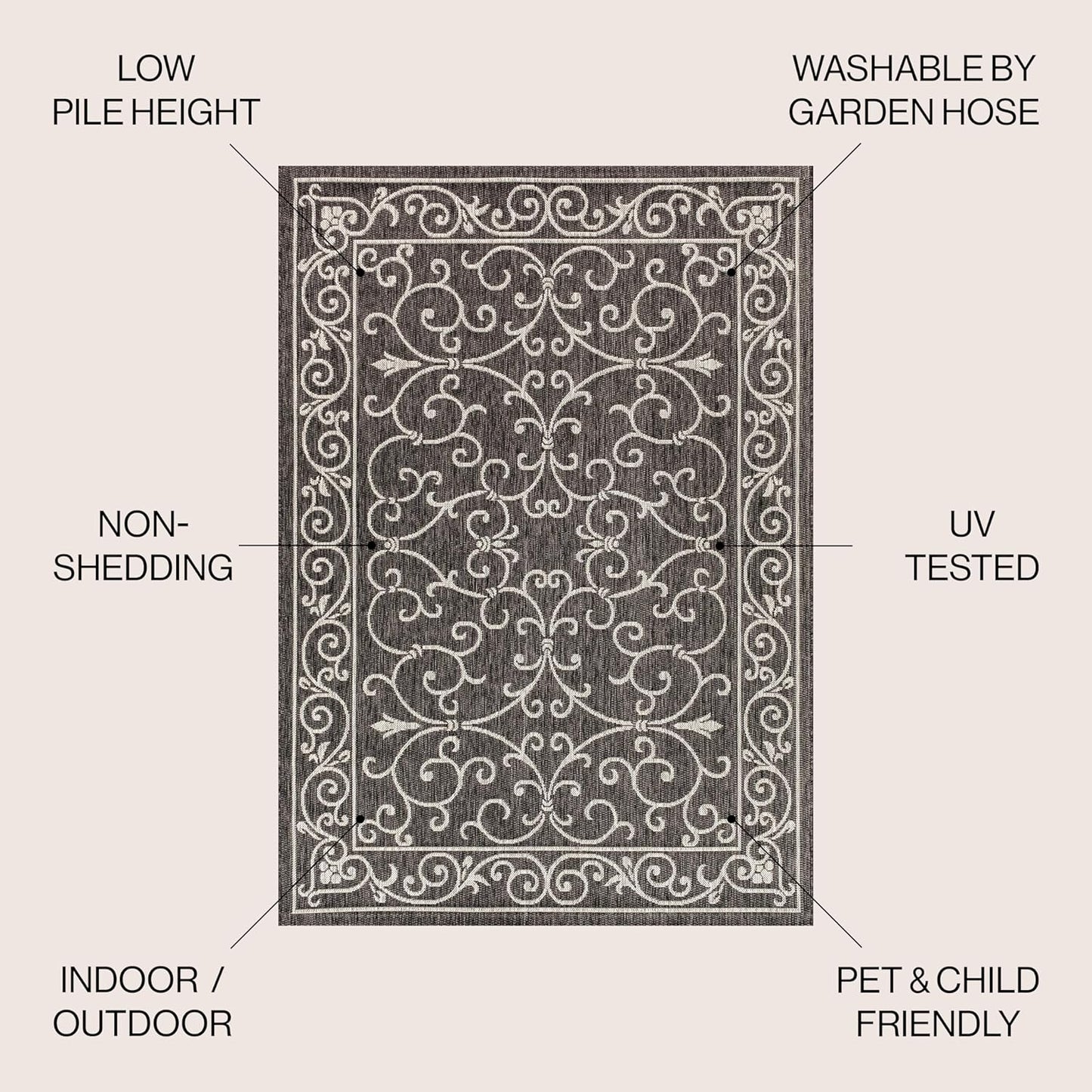 JONATHAN Y Vintage Filigree Indoor Outdoor Area Rug 8X10 Black/Gray, Charleston Textured Weave for Backyard, Patio, Porch, Easy-Cleaning, High Traffic, Pet-Friendly, Non-Shedding (SMB106G-8)