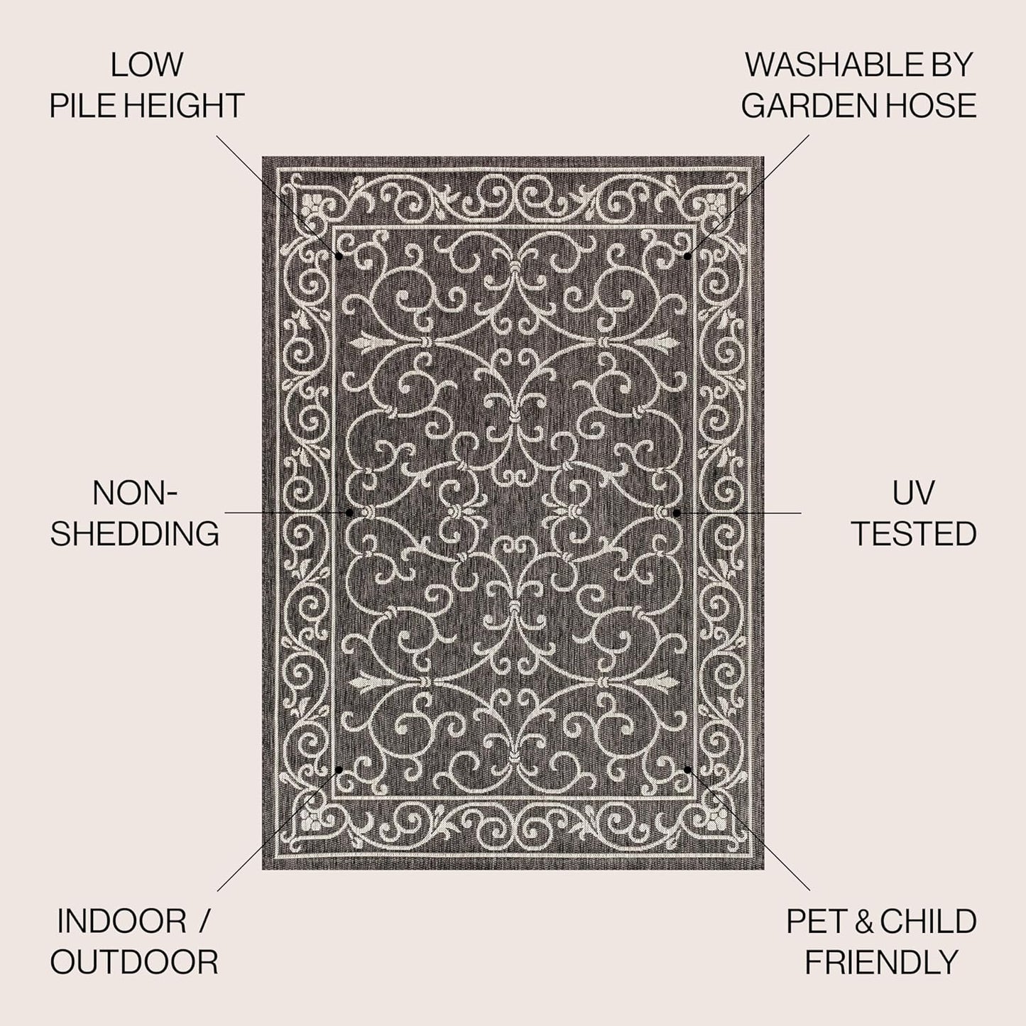 JONATHAN Y Vintage Filigree Indoor Outdoor Area Rug 6X9 Black/Gray, Charleston Textured Weave for Backyard, Patio, Porch, Easy-Cleaning, High Traffic, Pet-Friendly, Non-Shedding (SMB106G-6)