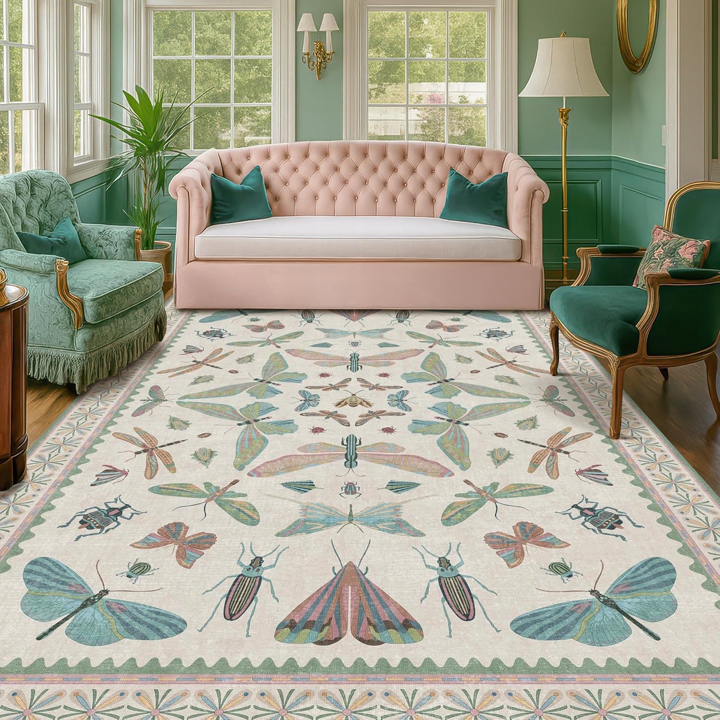 Sage Green Rugs for Bedroom Under Bed - 6x9 Area Rug for Living Room, Dining Room, Kids Playroom, Fun Insect Cute Décor,Ultra Soft Non Slip Stain Resistant